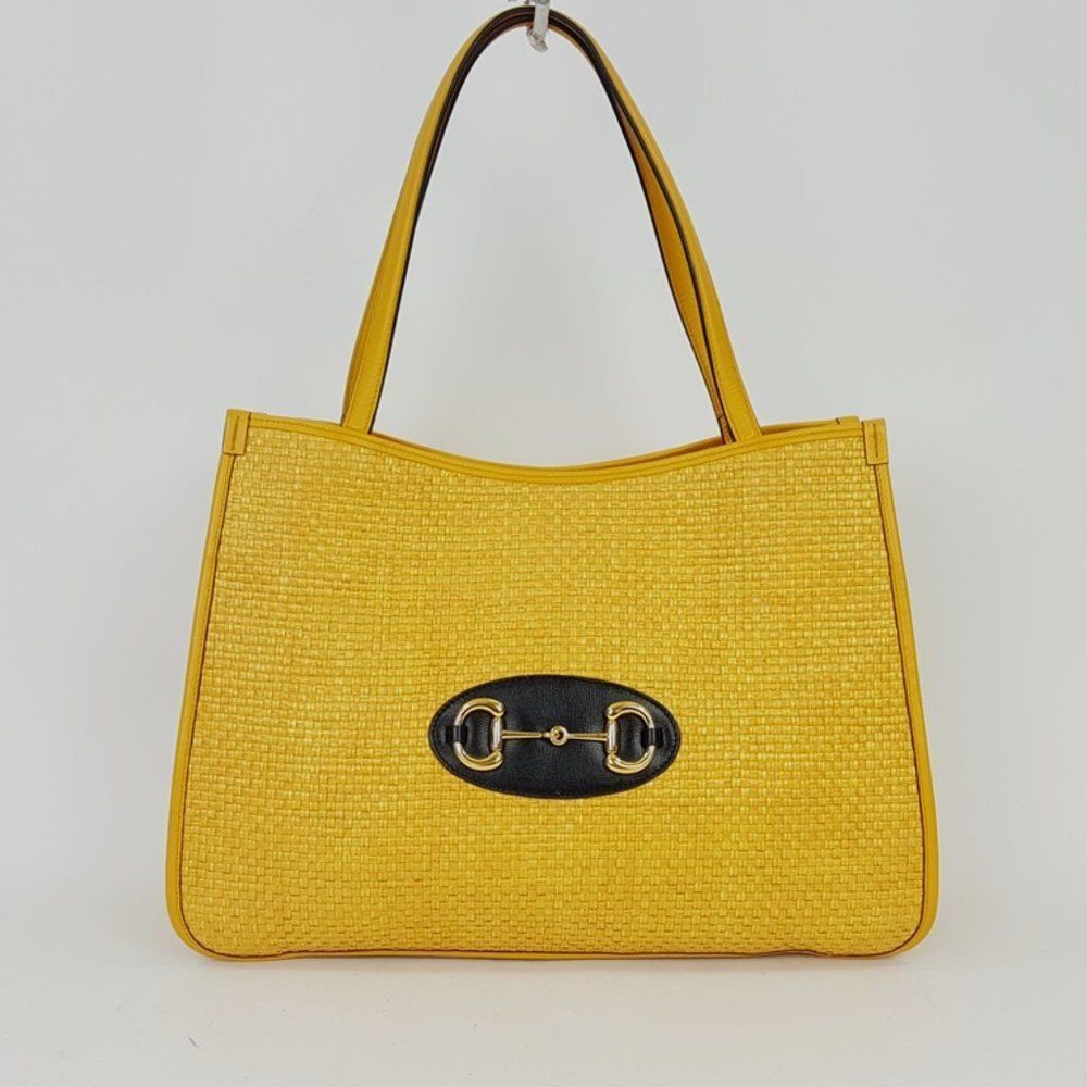 Gucci 2021 Yellow Raffia Horsebit 1955 Straw Leather Tote Shoulder Bag Handbag